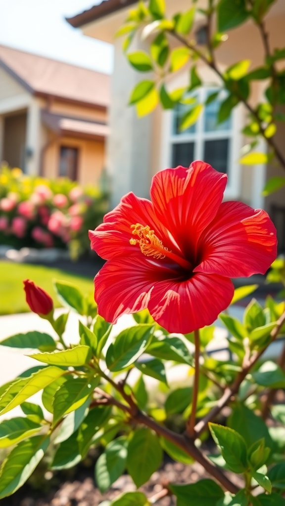 A vibrant red hibiscus flower in front of a house