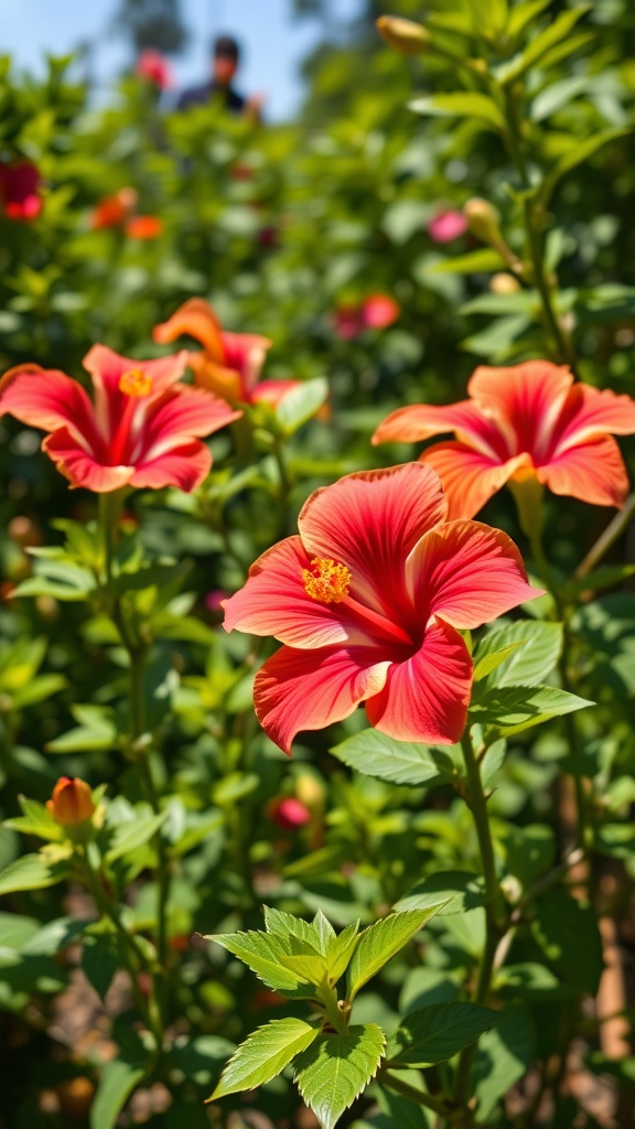 Close-up view of bright red hibiscus flowers in a garden