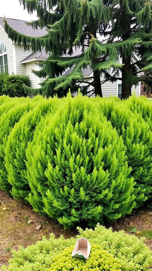 A dense row of Hicks Yew shrubs forming a privacy hedge.