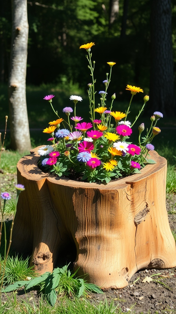 A hollowed tree stump planter filled with colorful flowers.