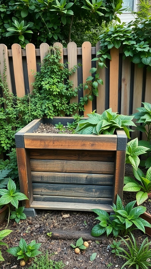 A beautifully designed wooden compost bin surrounded by lush green plants and a wooden fence.