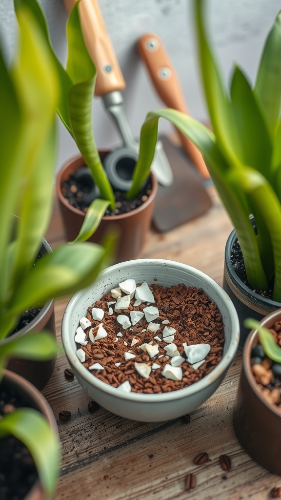 Bowl of crushed eggshells and coffee grounds surrounded by snake plants