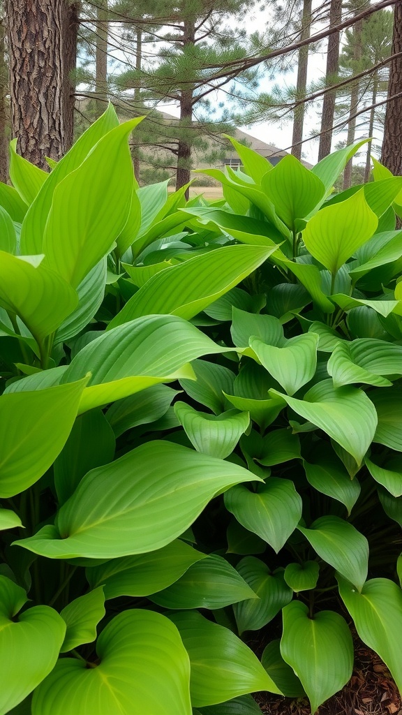 Lush green hosta leaves growing beneath pine trees