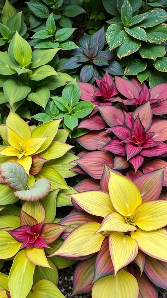 An array of colorful Hosta plants with lush foliage in different shapes and colors.