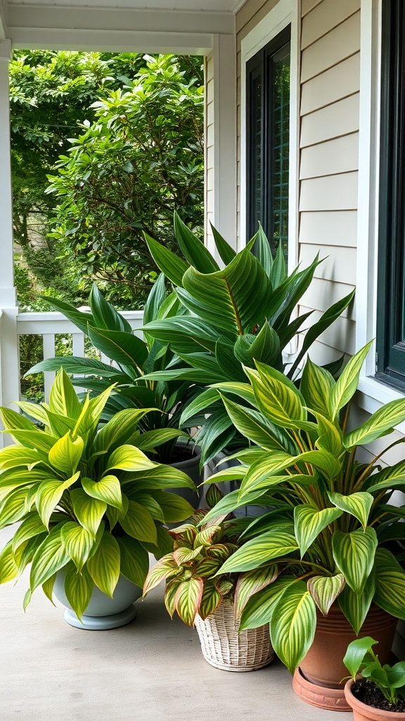 A variety of Hostas in pots on a porch, showcasing lush green leaves