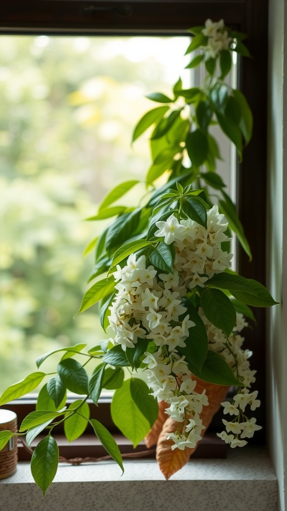 A Hoya plant with trailing stems and clusters of white flowers in a sunny window