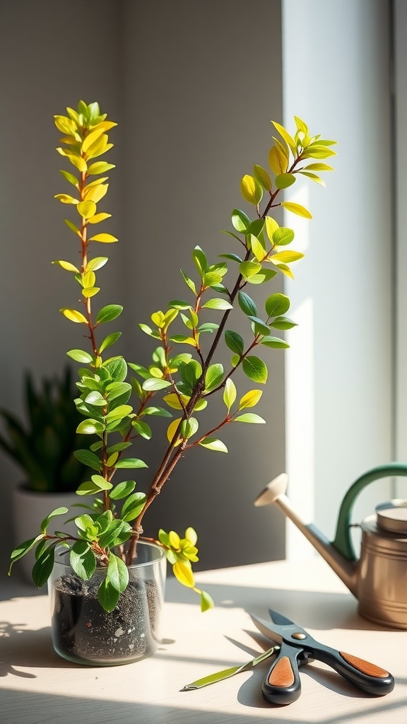 A jade plant in a pot with some leggy stems, scissors, and a watering can nearby, indicating care.