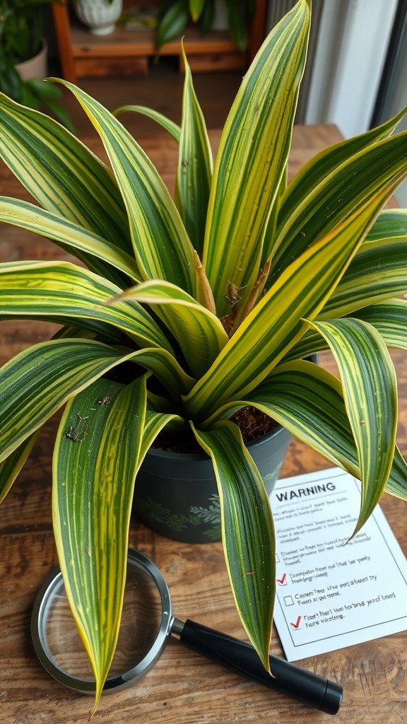 A Twisted Sister Snake Plant with yellow and green leaves next to a magnifying glass and a warning note about checking for pests.