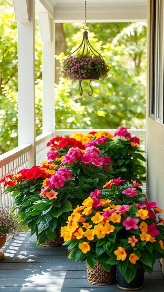 Colorful impatiens flowers in pots on a shaded porch