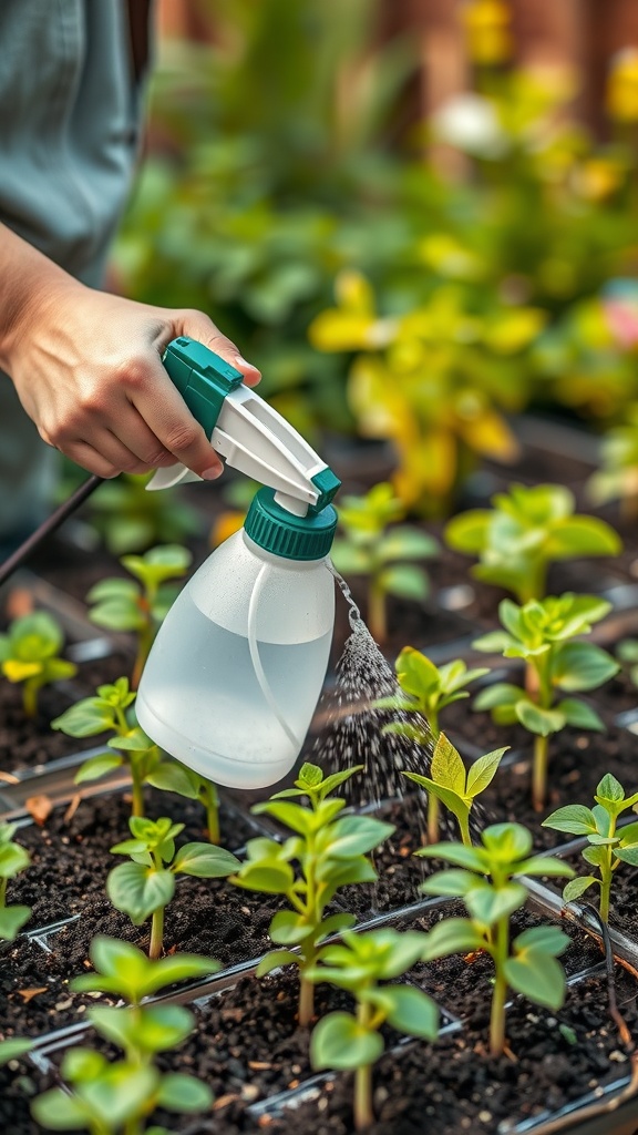 A person watering seedlings with a spray bottle in a garden.