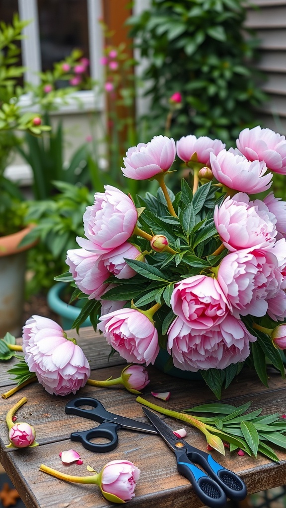 A collection of pink peonies with pruning scissors on a wooden table, showcasing proper pruning techniques for peony care.