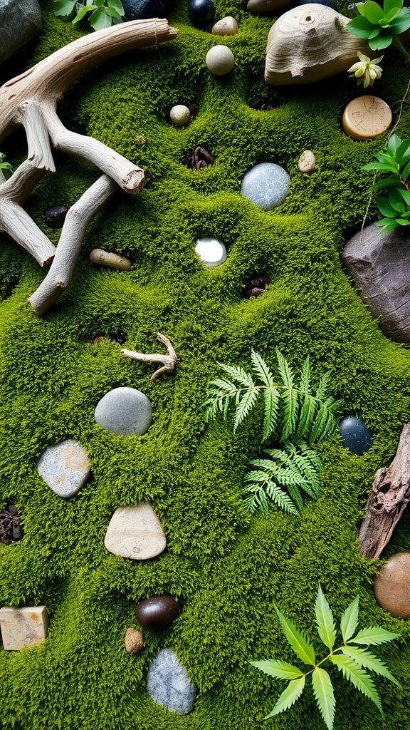 A vibrant moss wall featuring driftwood, stones, and ferns for added texture.