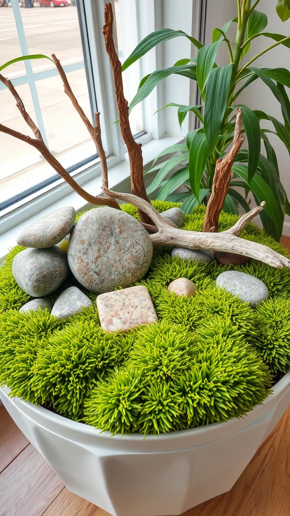 A decorative indoor moss garden featuring rocks and driftwood in a white pot