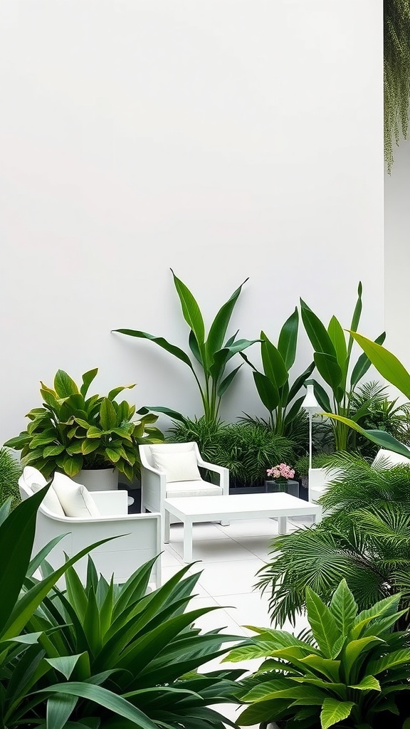 Modern minimalist garden with white furniture surrounded by lush green plants.