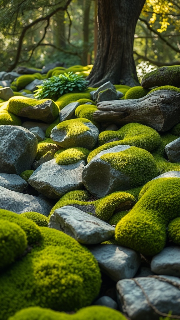 A moss garden featuring vibrant green moss on rocks and logs, creating a natural and textured landscape.