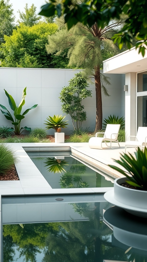 A modern garden with a reflective pool surrounded by lush greenery and white furniture.