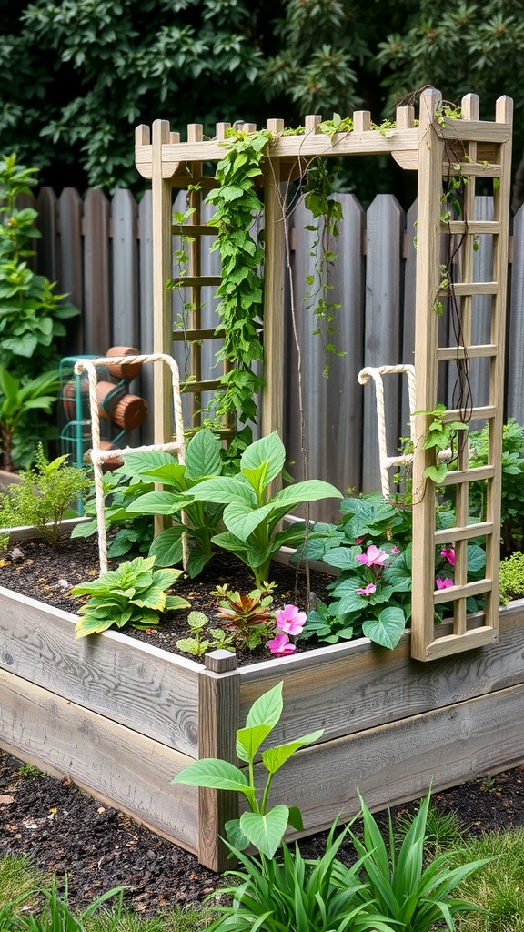 A raised garden bed with a trellis, featuring various plants and flowers, located against a wooden fence.