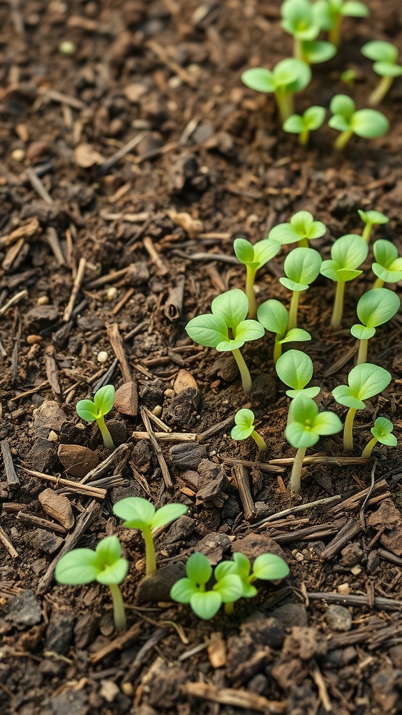 Image of young seedlings sprouting from dark soil with mulch