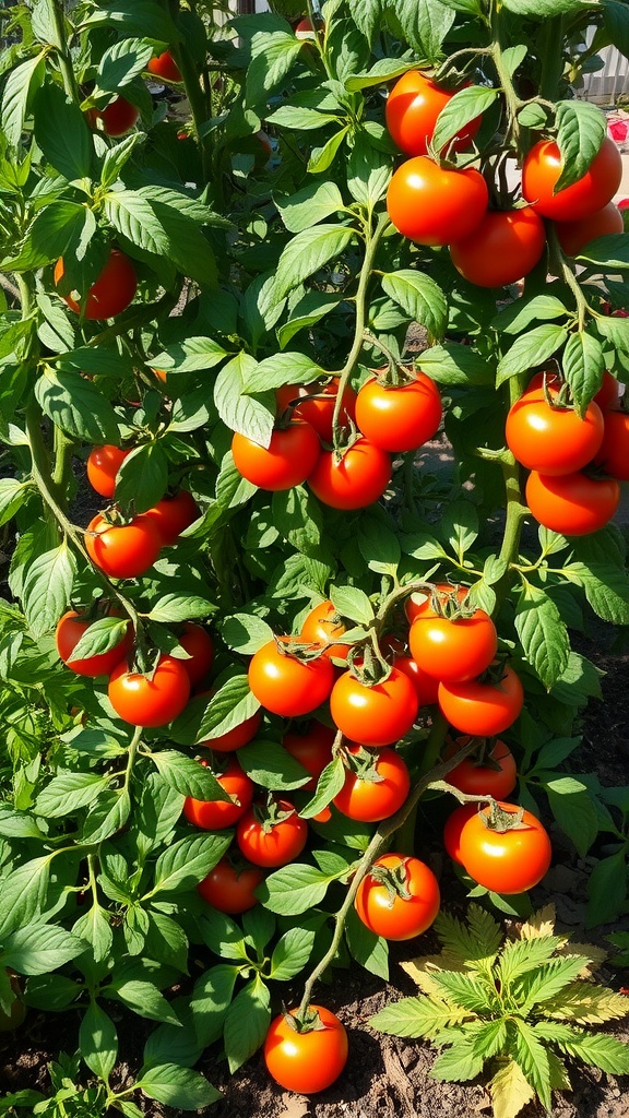 A close-up of ripe indeterminate tomatoes on a plant, showcasing bright red fruits nestled among green leaves.