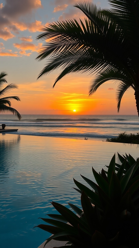 Infinity edge pool at sunset with palm trees overlooking the ocean