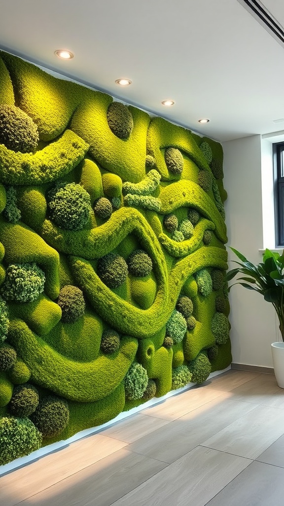 A beautifully lit moss wall featuring various textures and shapes, with soft lights highlighting its features.