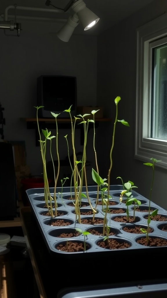 Seedlings under a light source, showcasing insufficient light exposure