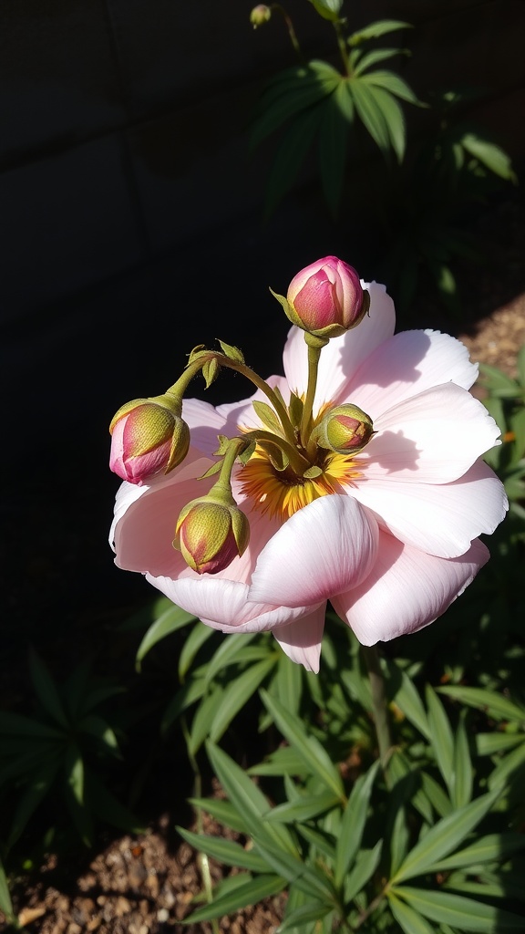 A close-up of a blooming peony flower with several unopened buds, showcasing its beauty and potential.