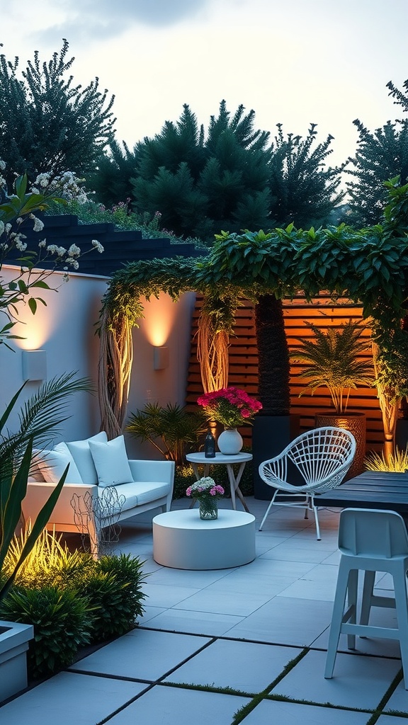 Modern minimalist garden with white furniture and soft outdoor lighting surrounded by lush greenery.