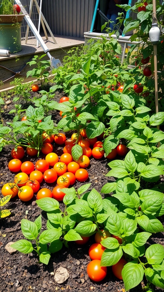 A small vegetable garden with lush tomato and potato plants growing closely together.