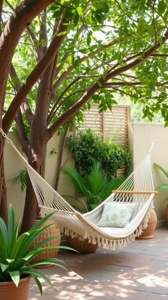 A cozy hammock nestled under a tree, surrounded by greenery and potted plants.