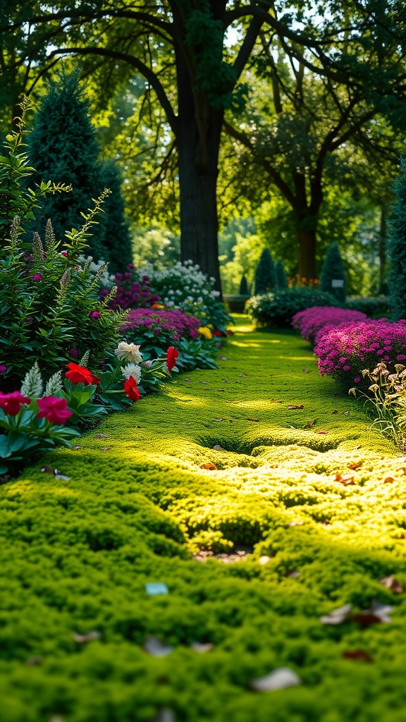 A vibrant garden path covered with lush Irish Moss surrounded by colorful flowers and trees.