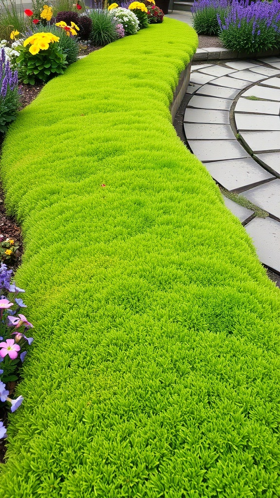 A vibrant green expanse of Irish Moss along a pathway, surrounded by colorful flowers and stone paving.