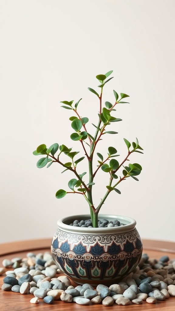 A Jade Plant in a decorative pot surrounded by pebbles, showcasing its vibrant green leaves and sturdy stems.