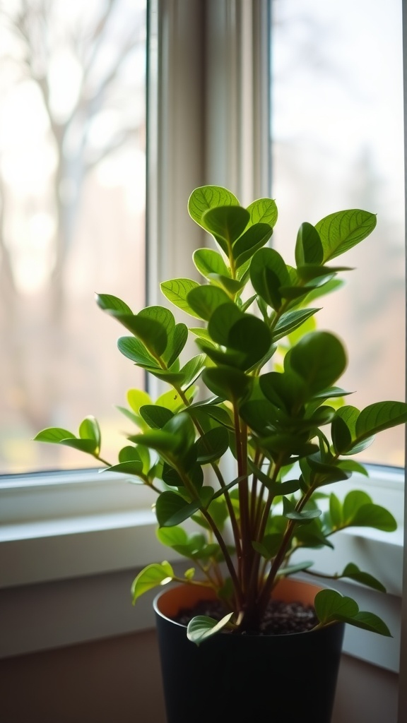 A jade plant with plentiful leaves placed near a window.