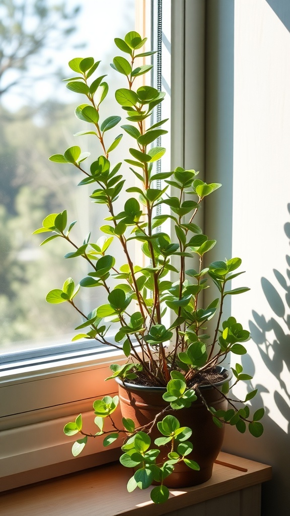 A jade plant with glossy green leaves placed on a windowsill, soaking up sunlight.