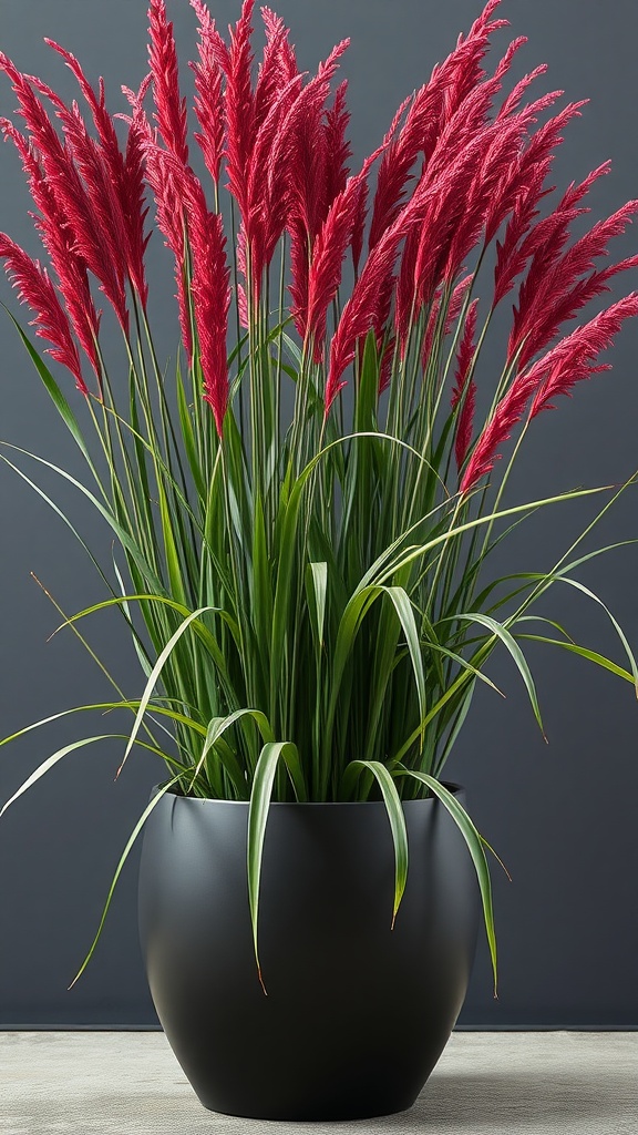 Japanese Blood Grass in a dark pot with vibrant red tips and green foliage.