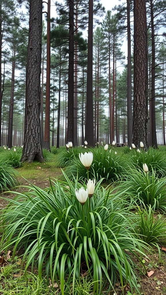 Japanese Forest Grass growing under pine trees with white flowers