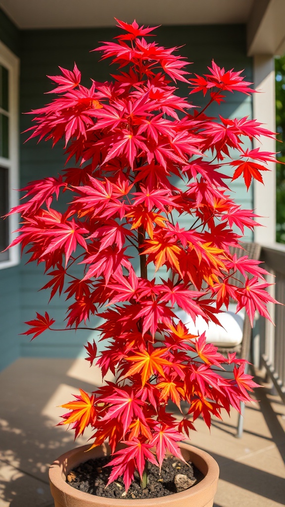 A vibrant Japanese Maple tree with red leaves, placed next to a wooden chair on a porch.