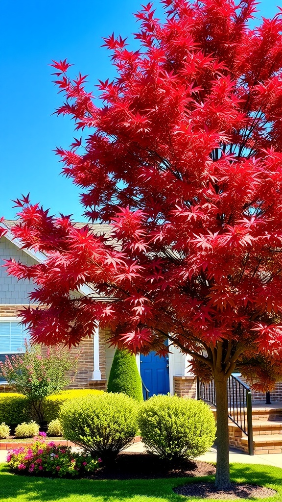 A vibrant Japanese Maple tree with red leaves in a sunny garden setting.