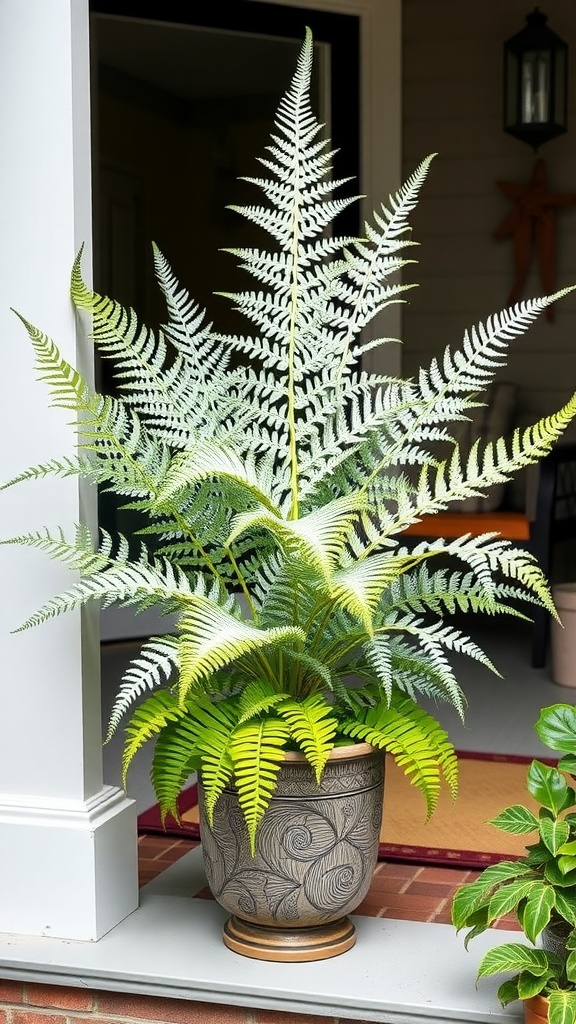 A Japanese Painted Fern in a decorative pot on a porch