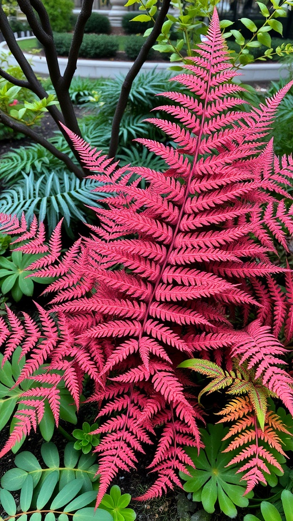 Japanese Painted Fern with vibrant red and green fronds in a garden setting