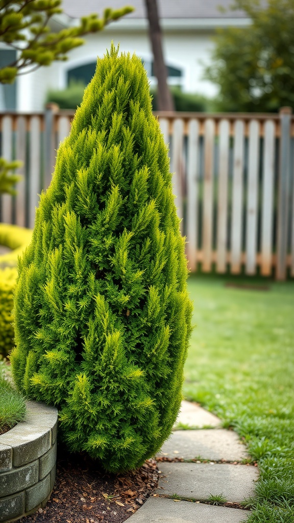 A lush, green Japanese Thuja tree standing tall in a garden.