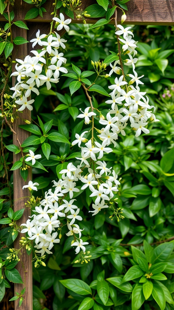 Clusters of white jasmine flowers against a green backdrop