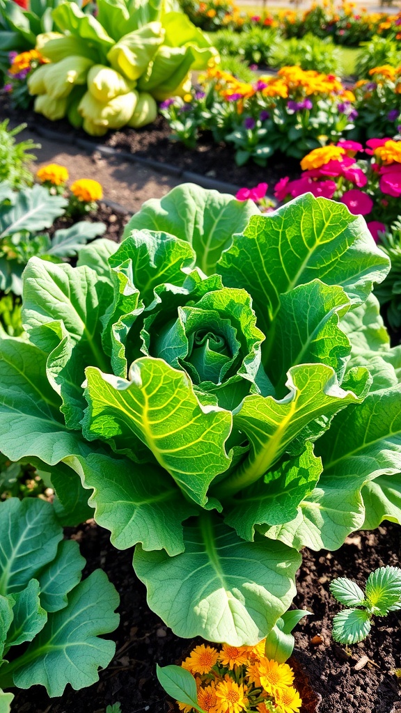 A vibrant kale plant with curly green leaves surrounded by colorful flowers in a garden setting.