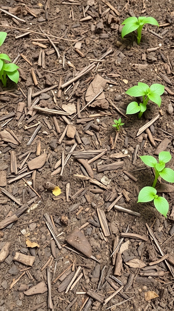 A close-up view of young plants surrounded by mulch on the ground.