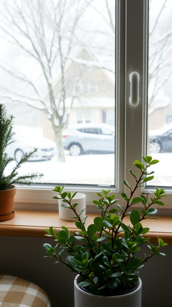 A jade plant placed near a window, next to a thermometer showing a temperature suitable for jade plant care.