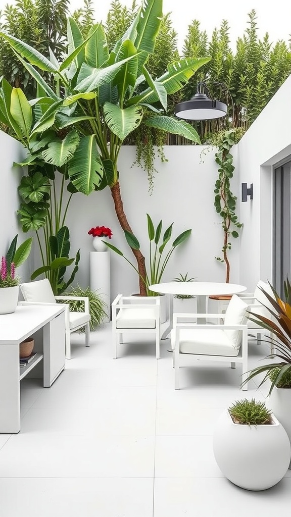 A minimalist garden design featuring white furniture surrounded by lush green plants.