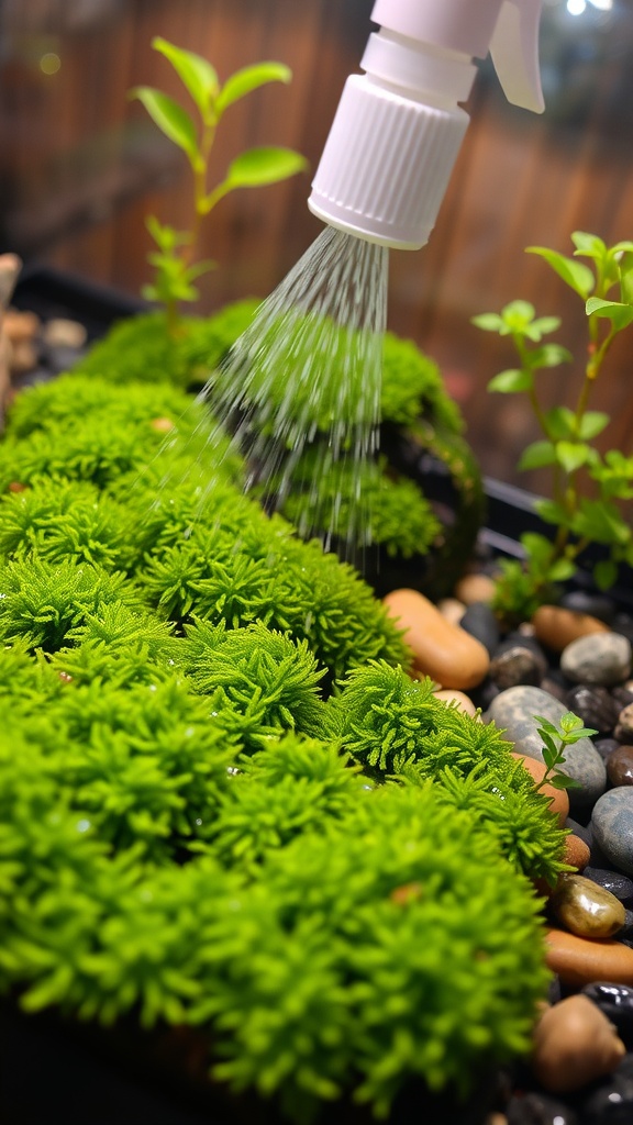 A close-up of green moss being misted with water from a spray bottle, surrounded by pebbles and small plants.