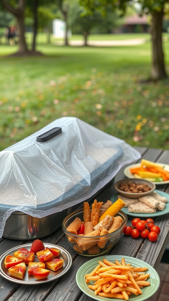 A variety of covered food items on a picnic table, showcasing snacks and fruits protected by a plastic cover.