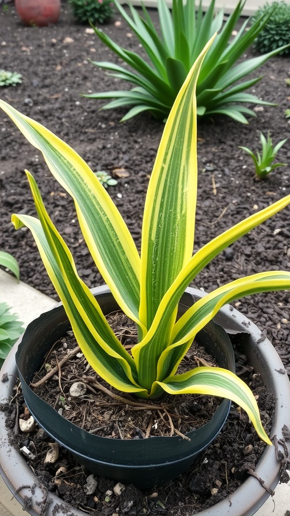 A Snake Plant in a small pot with vibrant yellow and green leaves.